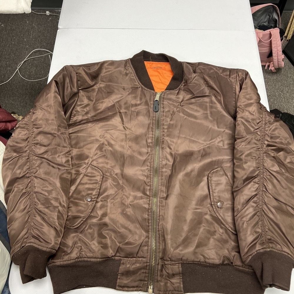 Trust Bomber Jacket Mens M Brown MA-1 Flight Ruched Sleeve Orange Lining